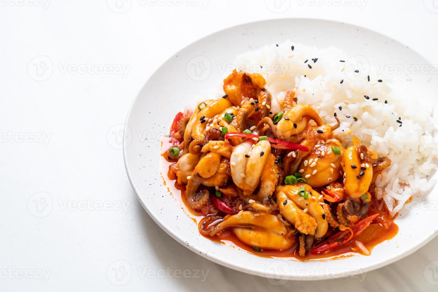 pulpo salteado o calamar y pasta picante coreana - osam bulgogi con arroz - estilo coreano foto