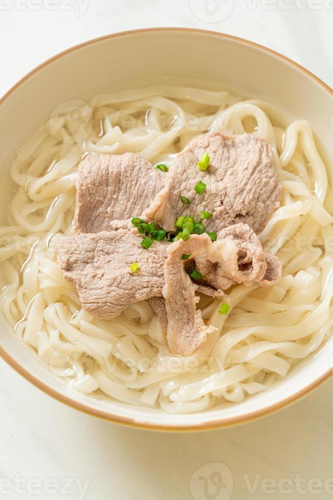 Homemade udon ramen noodles with pork in clear soup photo