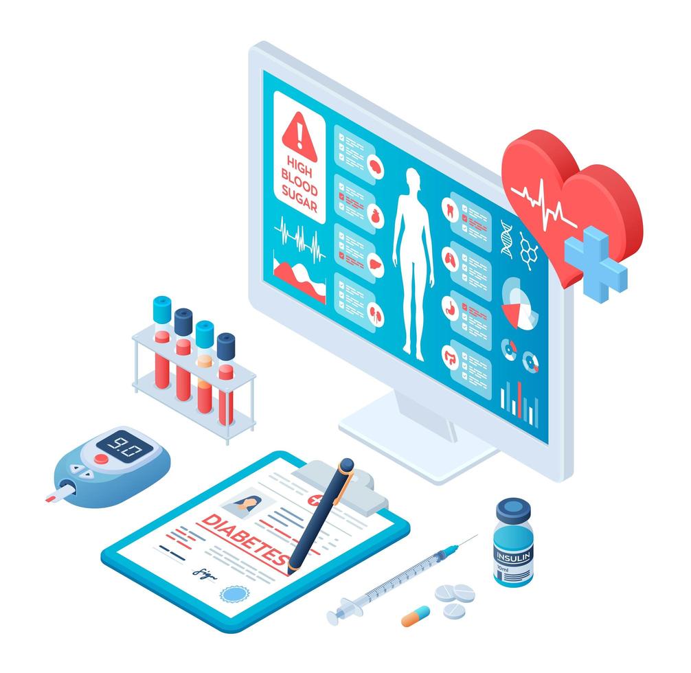 Medical diagnosis - Diabetes. Diabetes mellitus type 2 and insulin vector