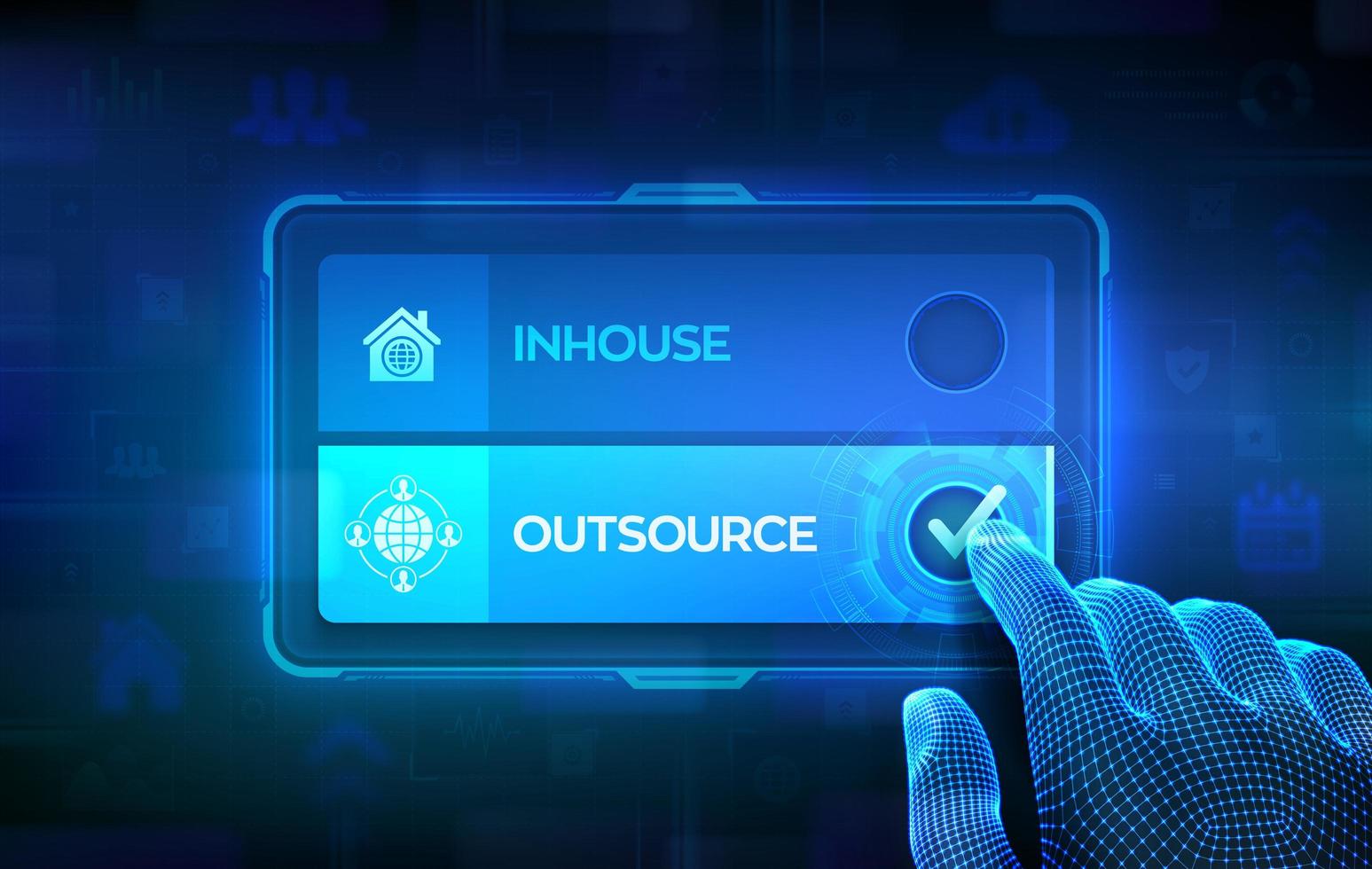 Outsource or inhouse choice concept. Making decision. vector
