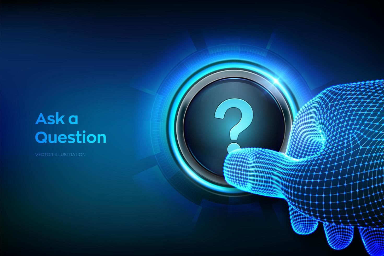 Ask a Question. Closeup finger about to press a button with a Question vector