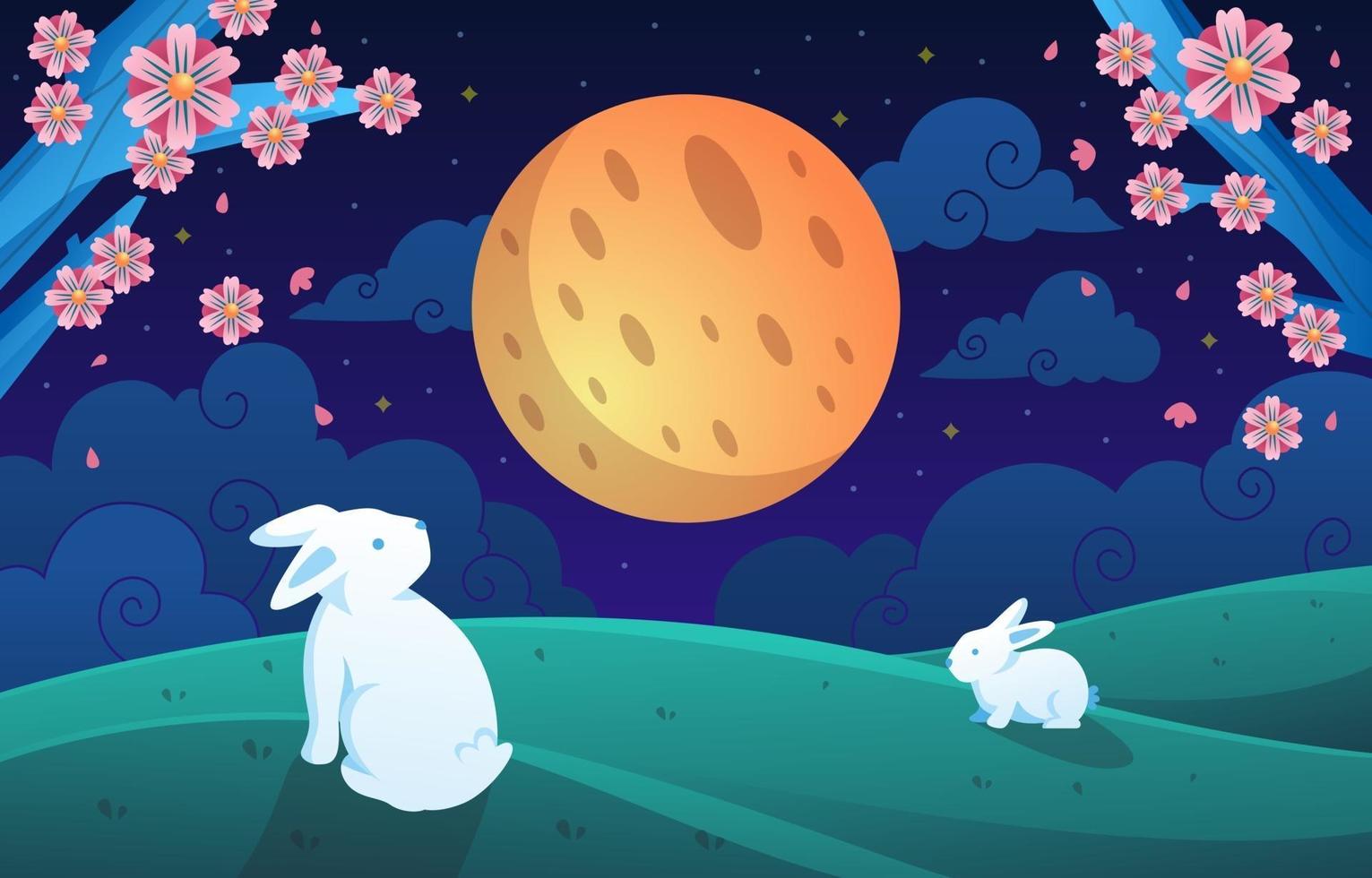 Rabbit Looking at the Moon at Mid Autumn Celebration vector