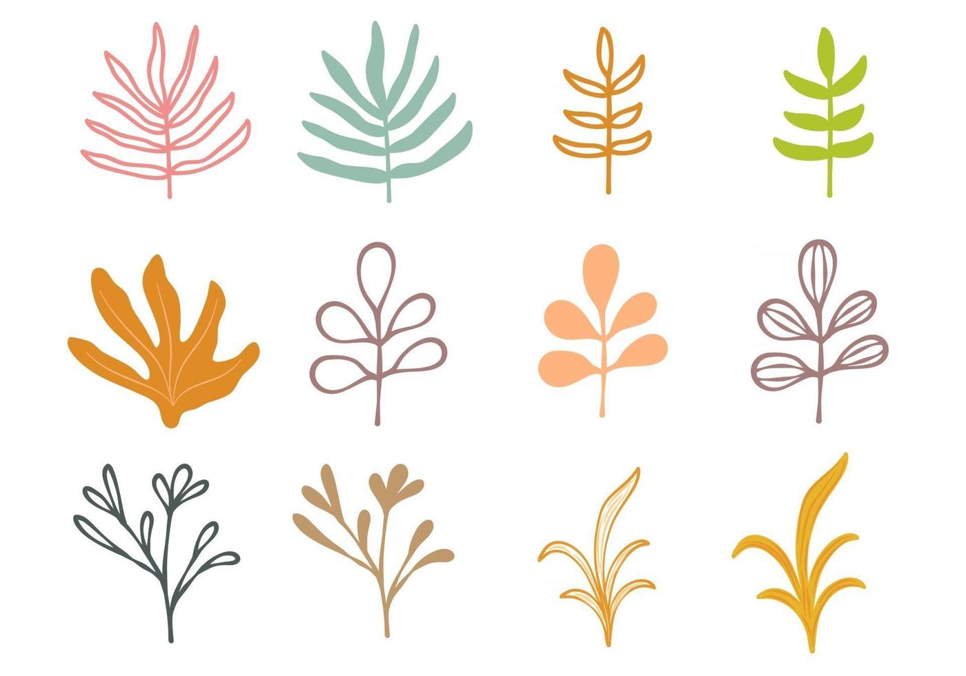 tallo y hojas coloridos dibujados a mano vector