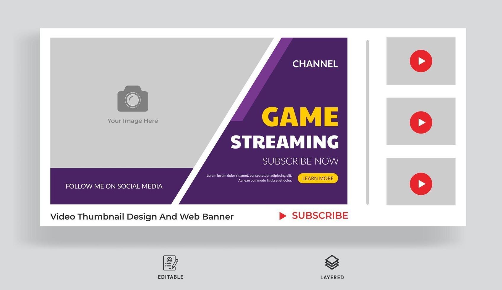 Video game streaming and review video thumbnail and web banner vector