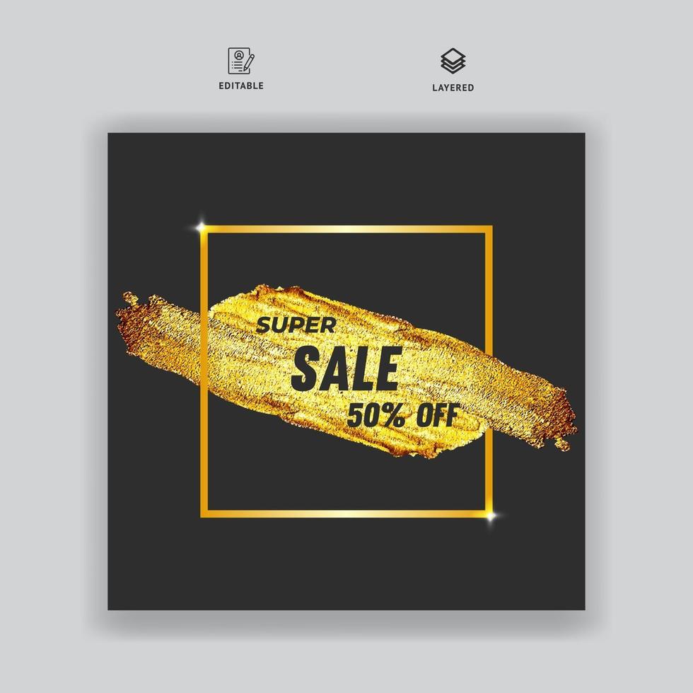 Sale banner with frame and golden brush stroke frame vector template