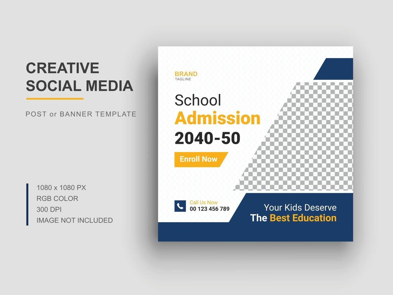 publicación de redes sociales de regreso a la escuela, plantilla de banner web de admisión escolar vector