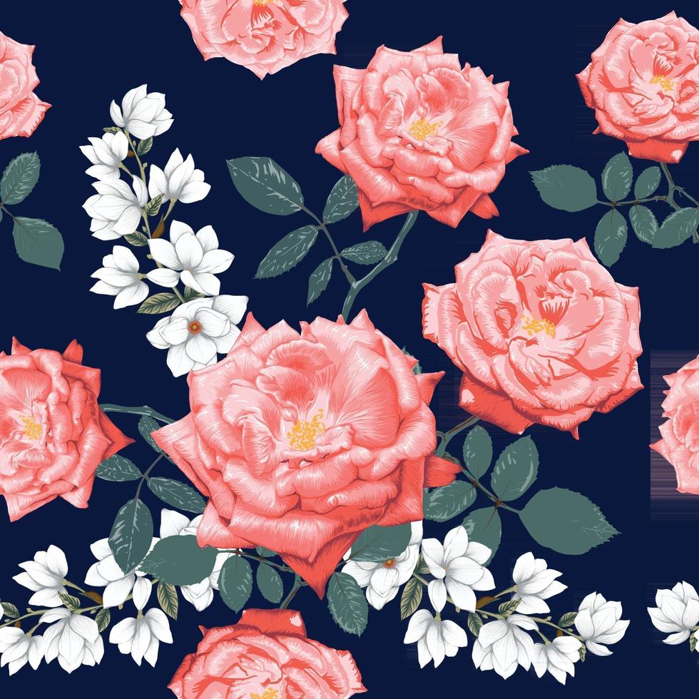 Seamless pattern rose and magnolia flowers background. vector