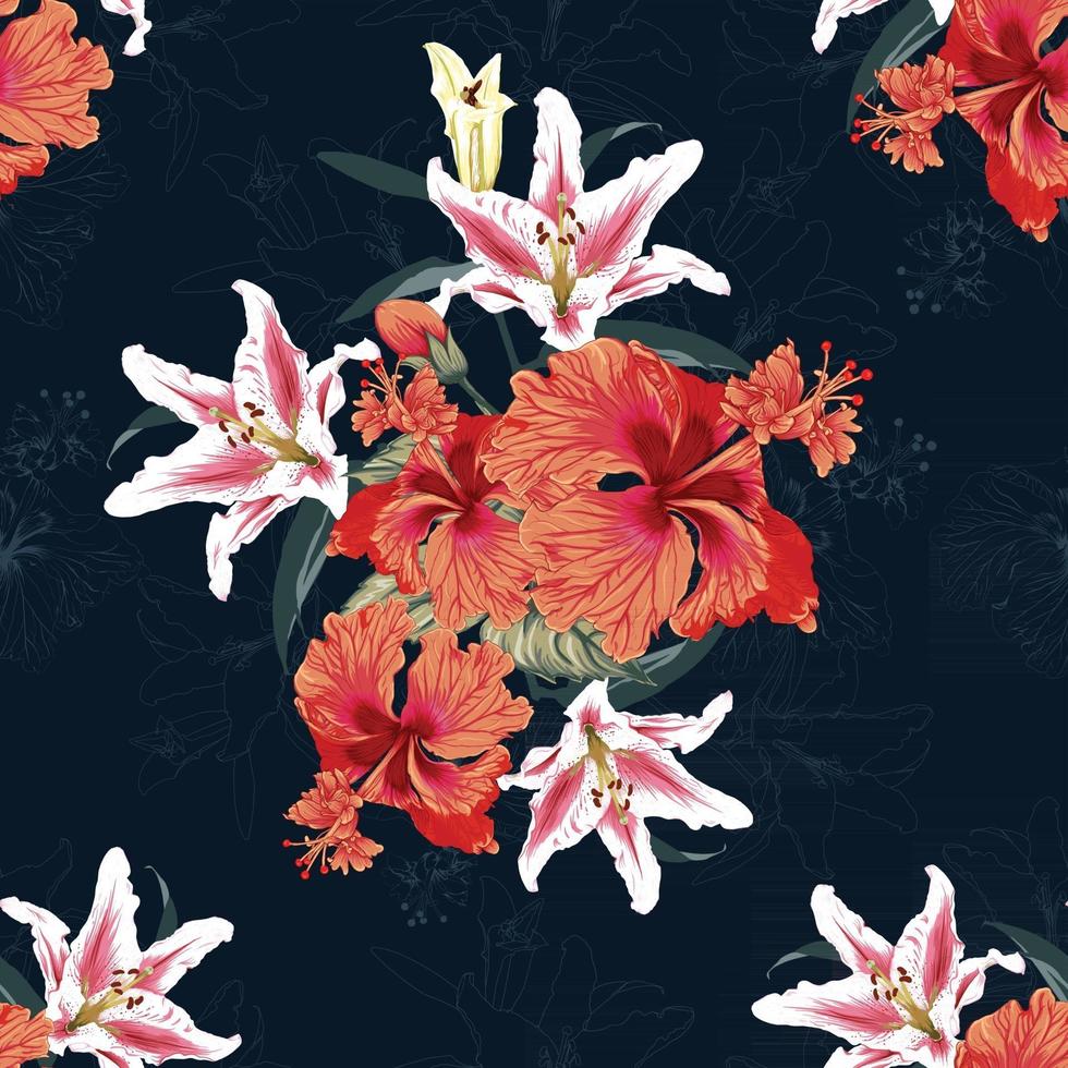 Seamless floral pattern Lilly and Hibiscus flowers background. vector