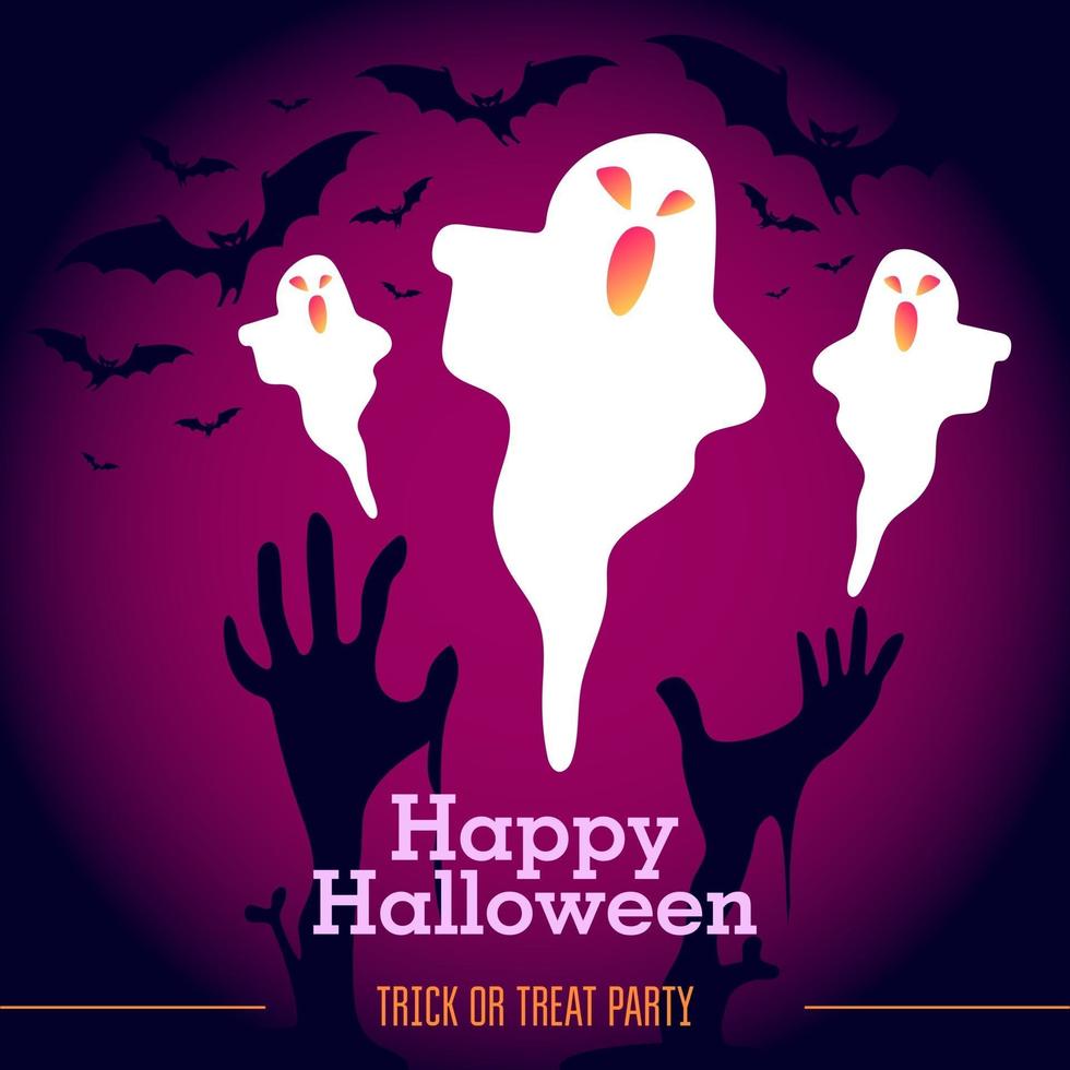 Halloween ghost with pink neon gradient, bats and zombie hands vector