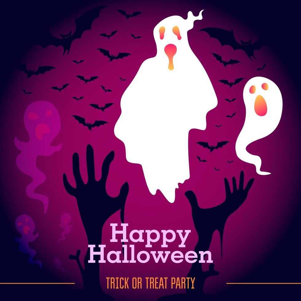 Halloween ghost with pink neon gradient, moon, bats and zombie hands vector