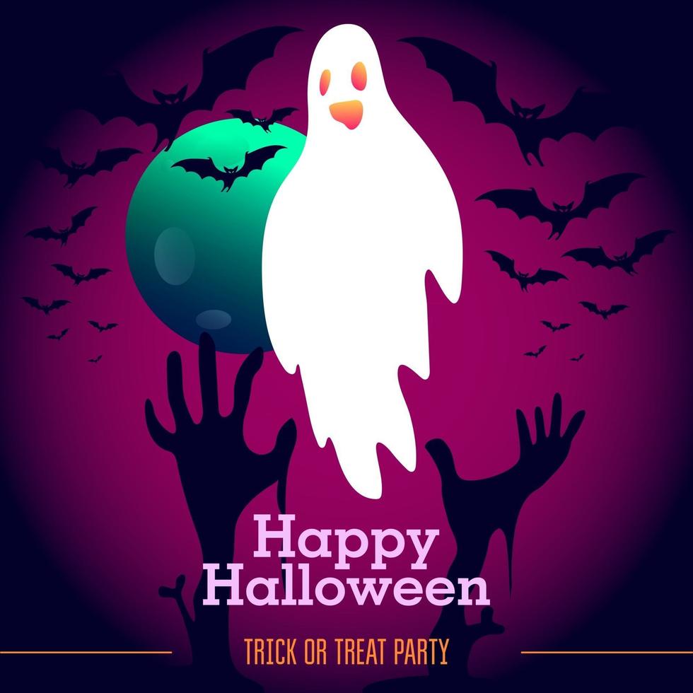 Halloween ghost with pink neon gradient, moon, bats and zombie hands vector