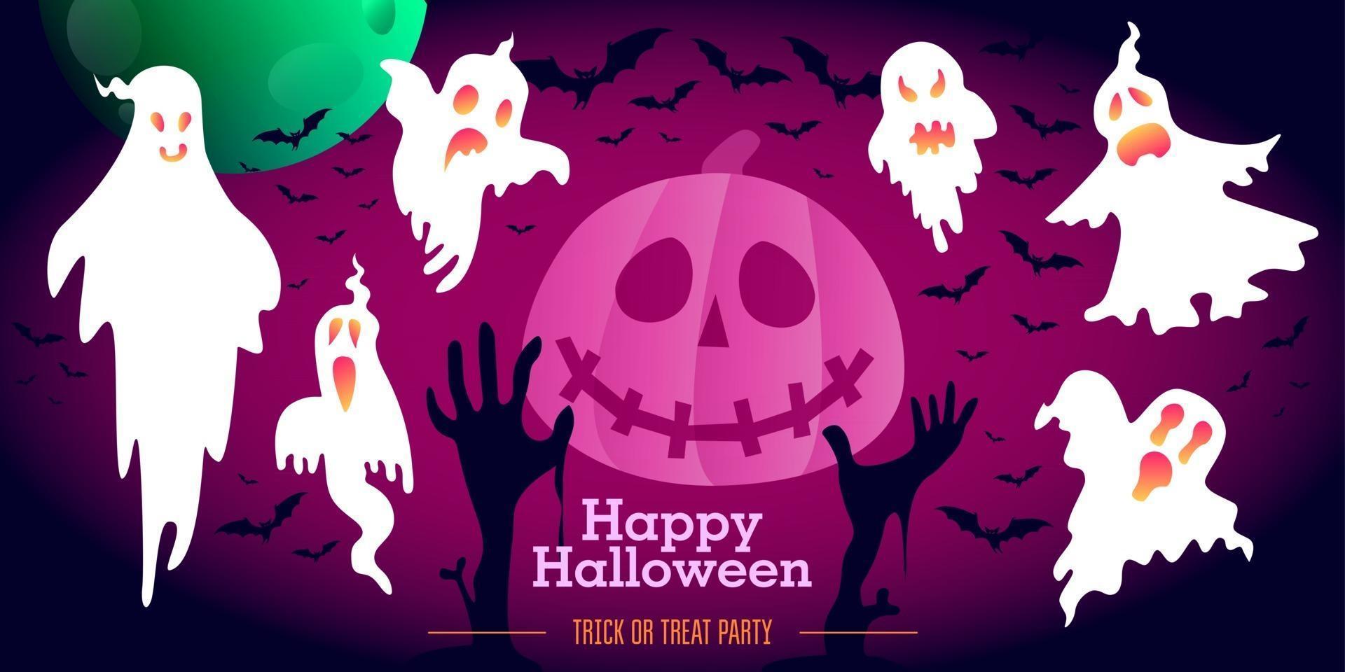 fantasma de halloween con gradiente de neón rosa, luna, murciélagos y manos de zombie vector