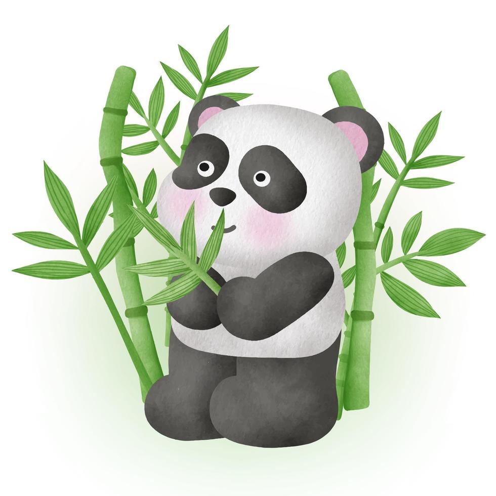 lindo panda con bambú en estilo acuarela vector