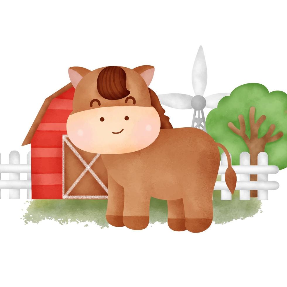 caballo de dibujos animados lindo en una granja vector