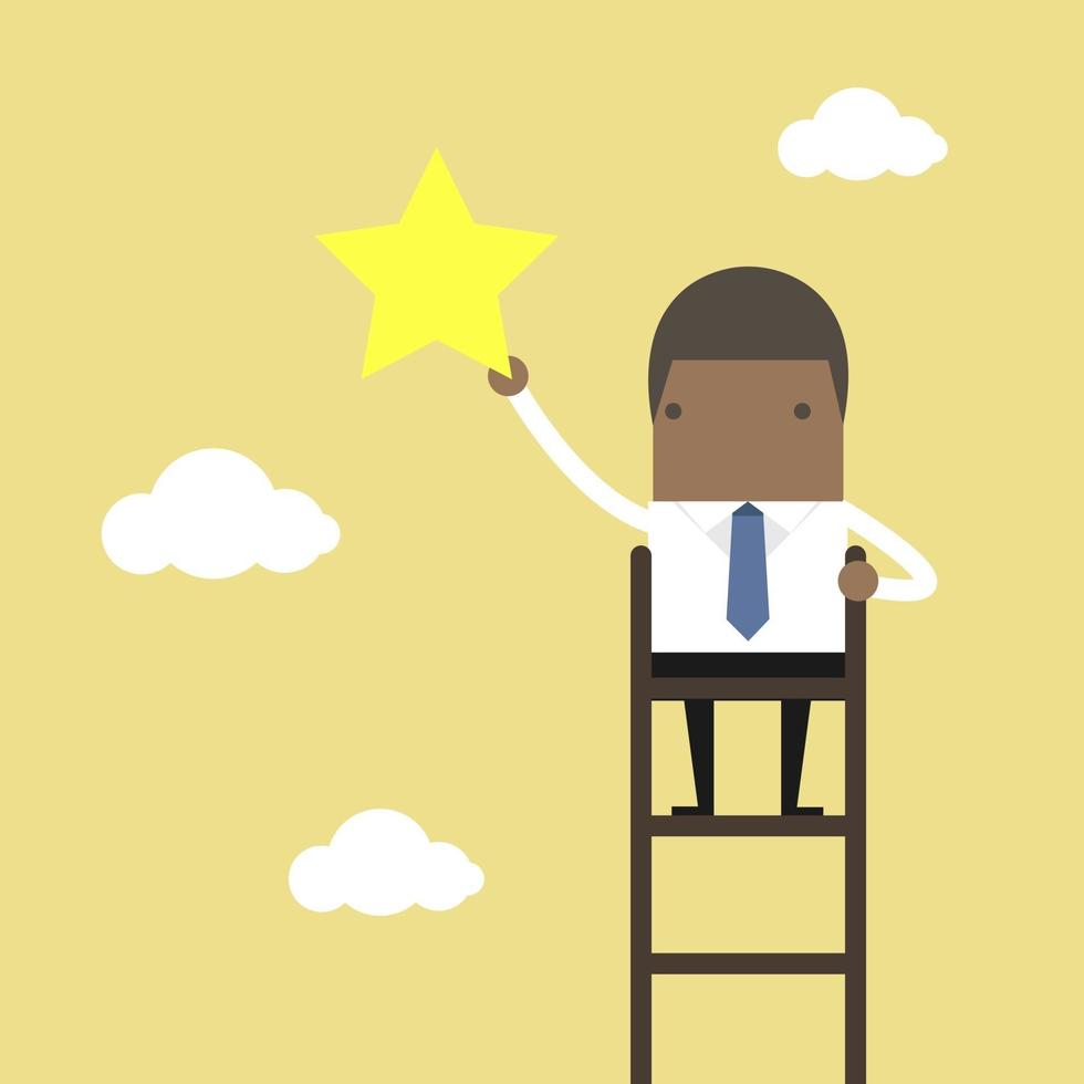 African businessman on a ladder grab star in the sky. vector