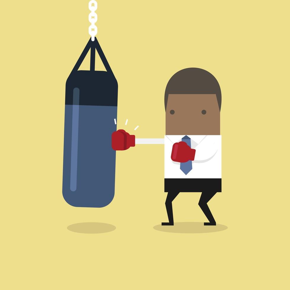 African businessman wearing boxing gloves and punching the punch bag. vector