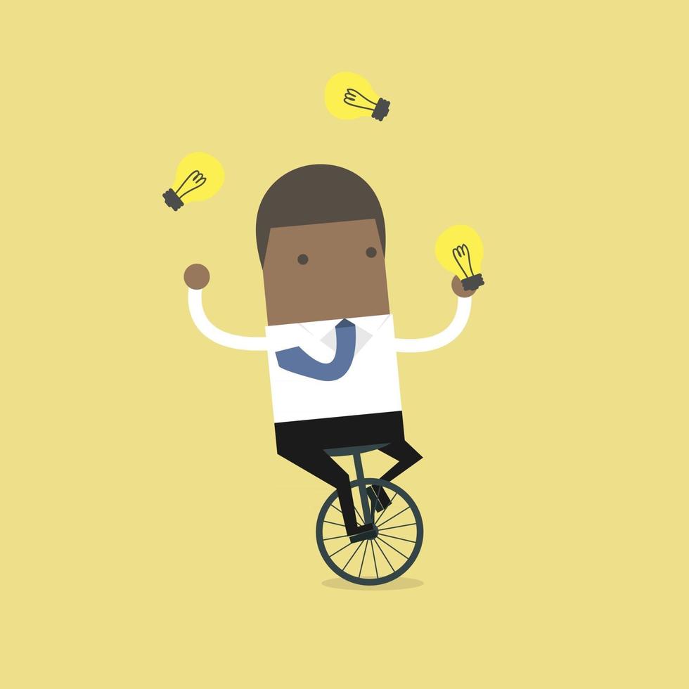 African businessman juggling light bulb while cycling. vector