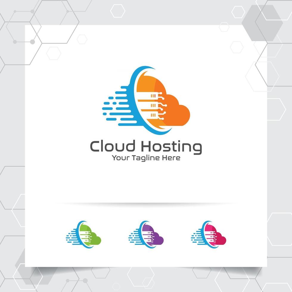 Diseño vectorial de logotipo de alojamiento en la nube con concepto de servidor y nube vector