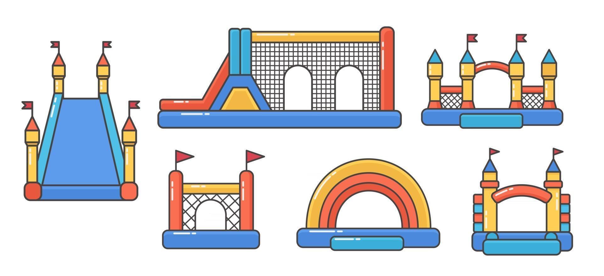 Set of bouncy inflatable castles. Tower and equipment for child vector