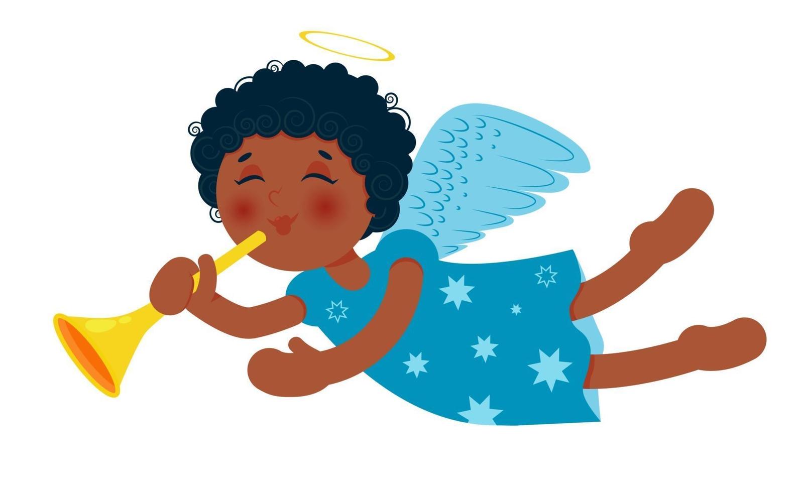 Cute little Christmas angel with trumpet. African-american baby girl. vector