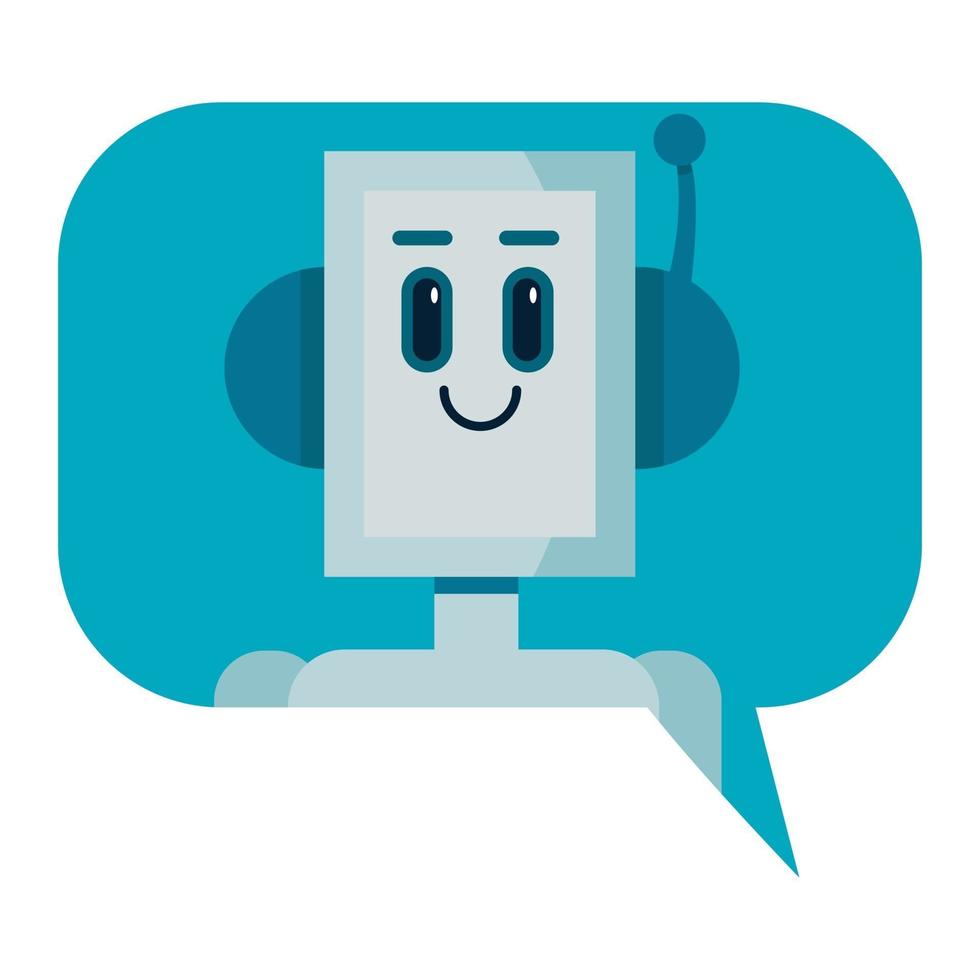 Smiling cute robot chat bot in speech bubble. Support service vector