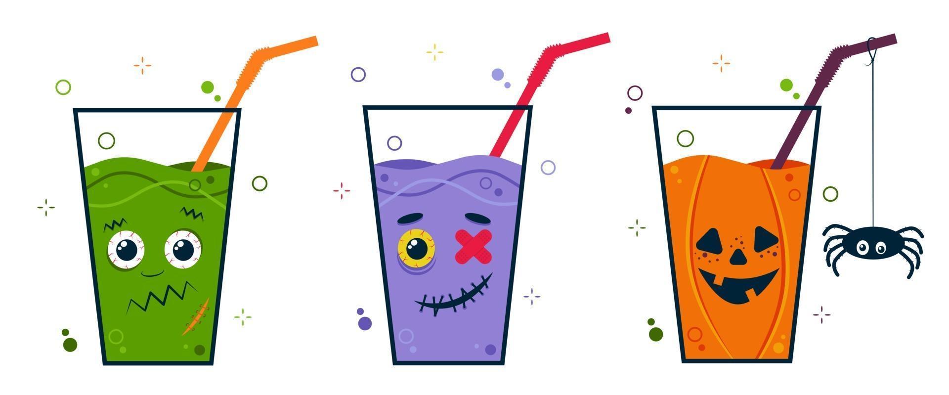 Halloween party cocktail set with scary cute character faces. Drink vector