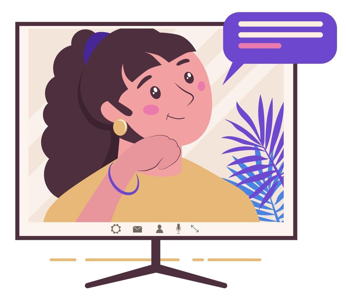 hablando por Internet. chica en la pantalla del monitor. trabajar desde casa, autónomo, vector