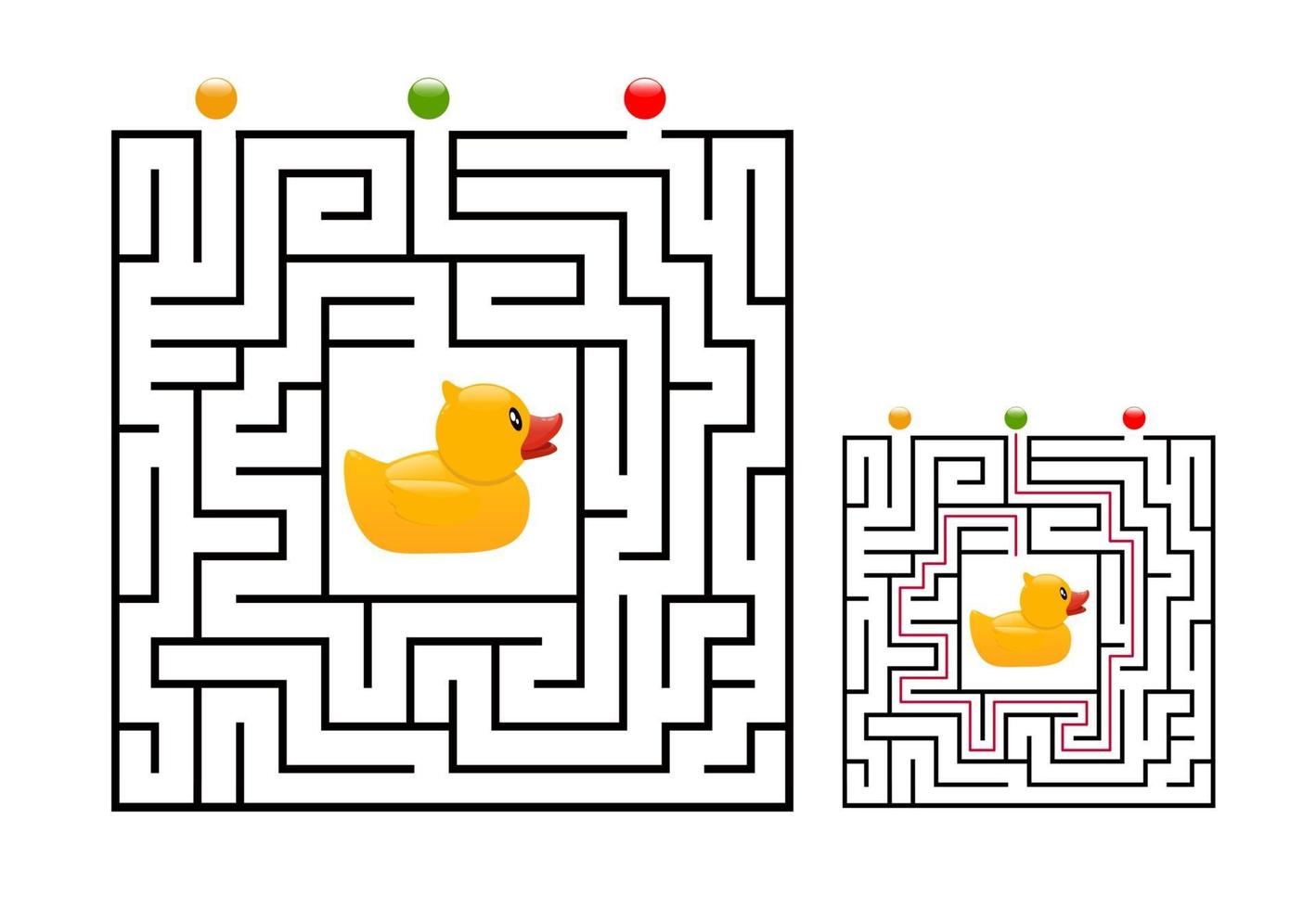 Square maze labyrinth game for kids with rubber duck. Labyrinth logic vector
