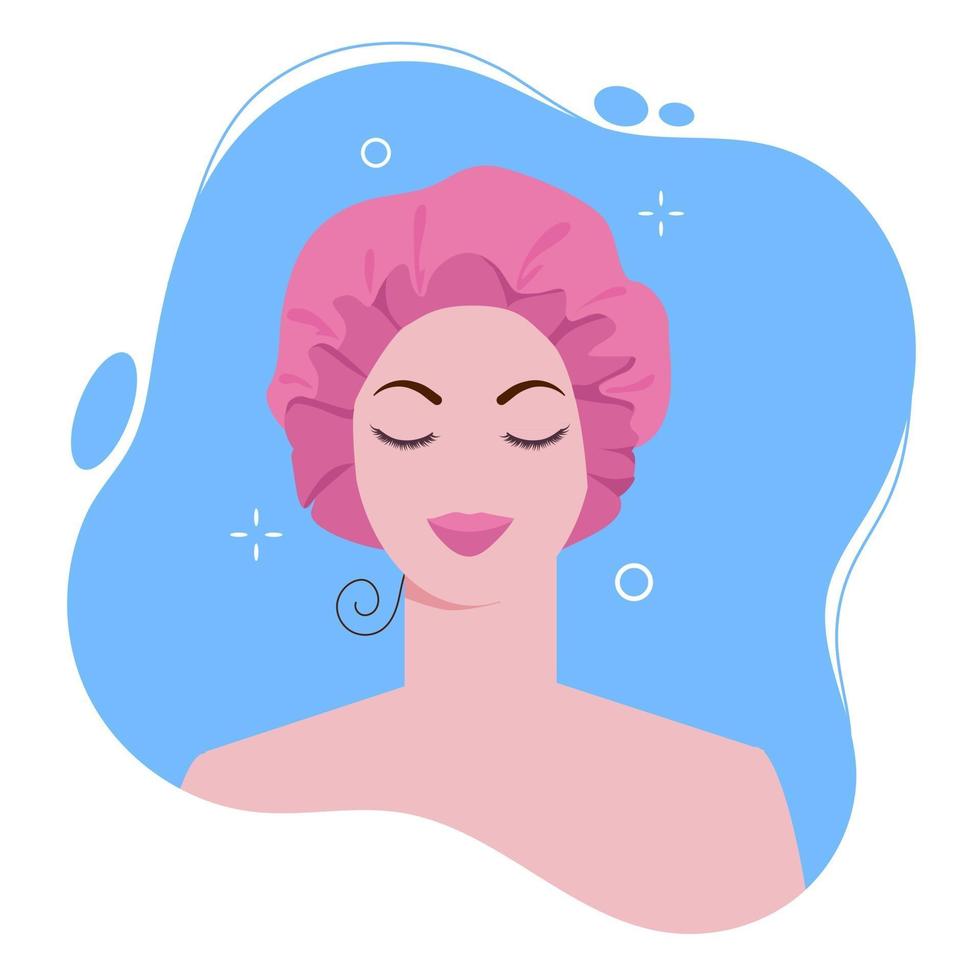 Young woman in shower cap in bath for protect wet hair. vector
