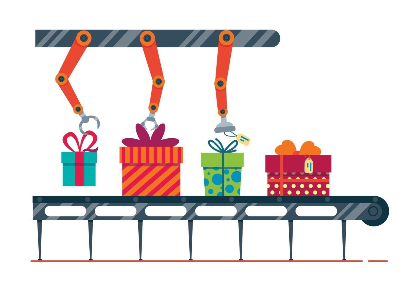 Festive gifts conveyor. Magic factory packs gifts boxes vector