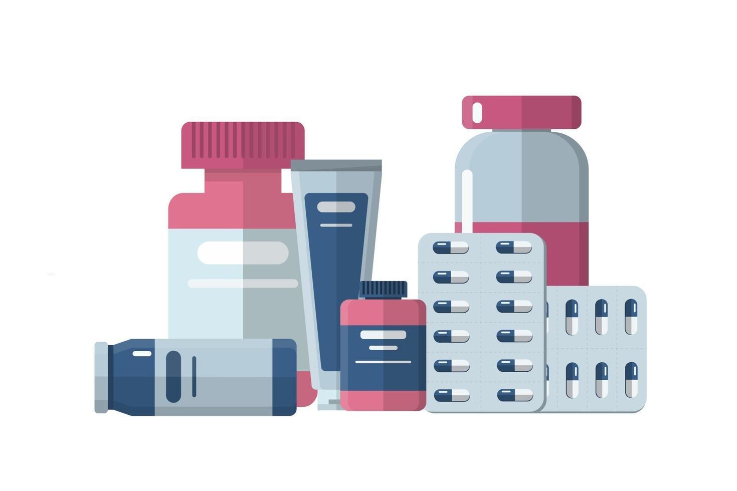 Different medical pills and bottles. Flat style. vector