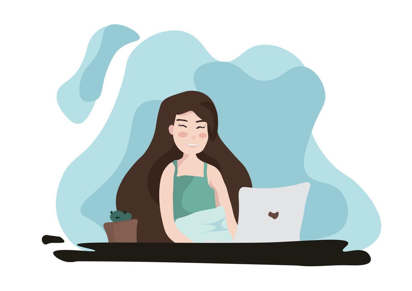 Working with laptop on the table. Cute illustration in flat style ...