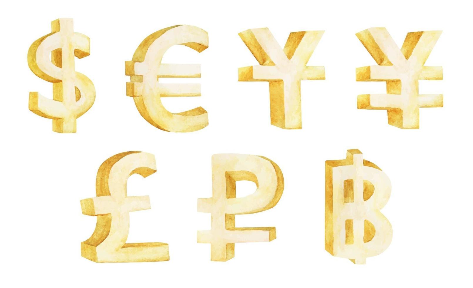 Set of currency symbols. Watercolor illustration. vector