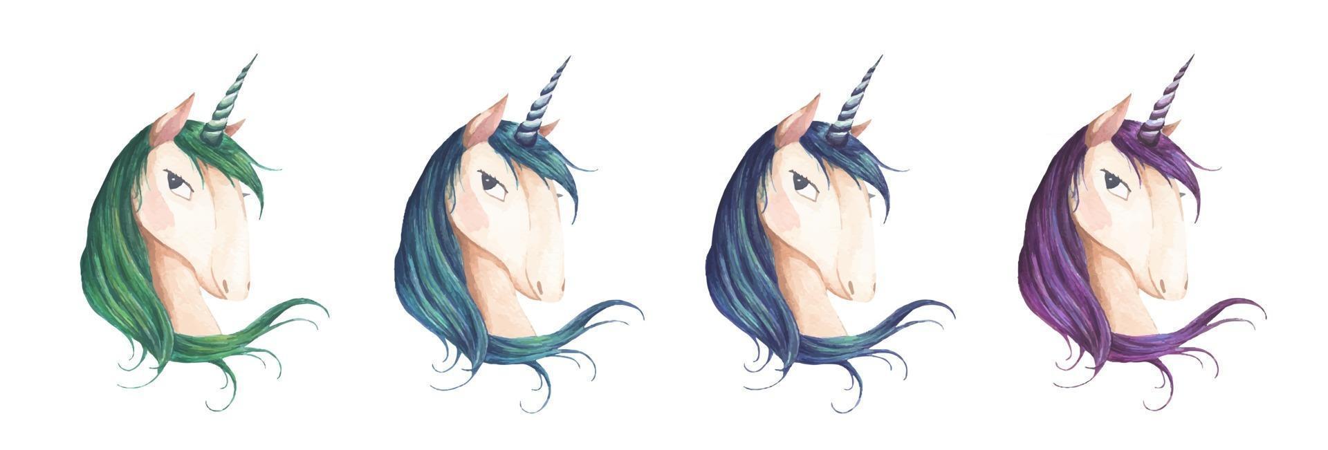 Set of unicorn head for children design. Watercolor illustration. vector