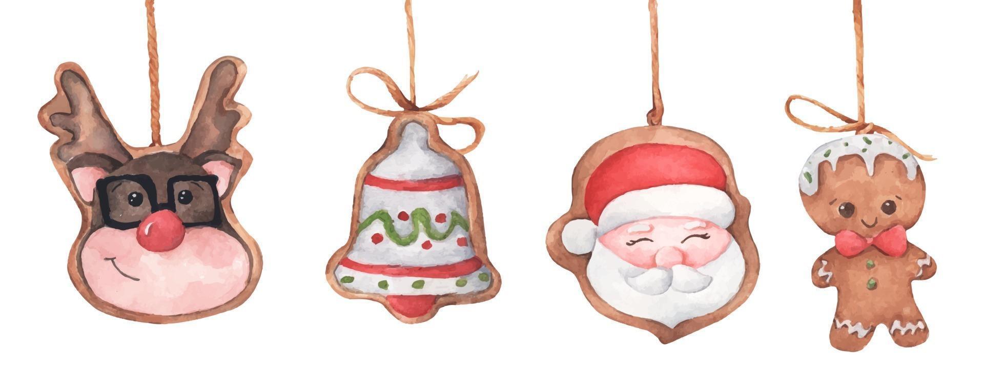 Set of Christmas gingerbread cookies hanging on string. vector