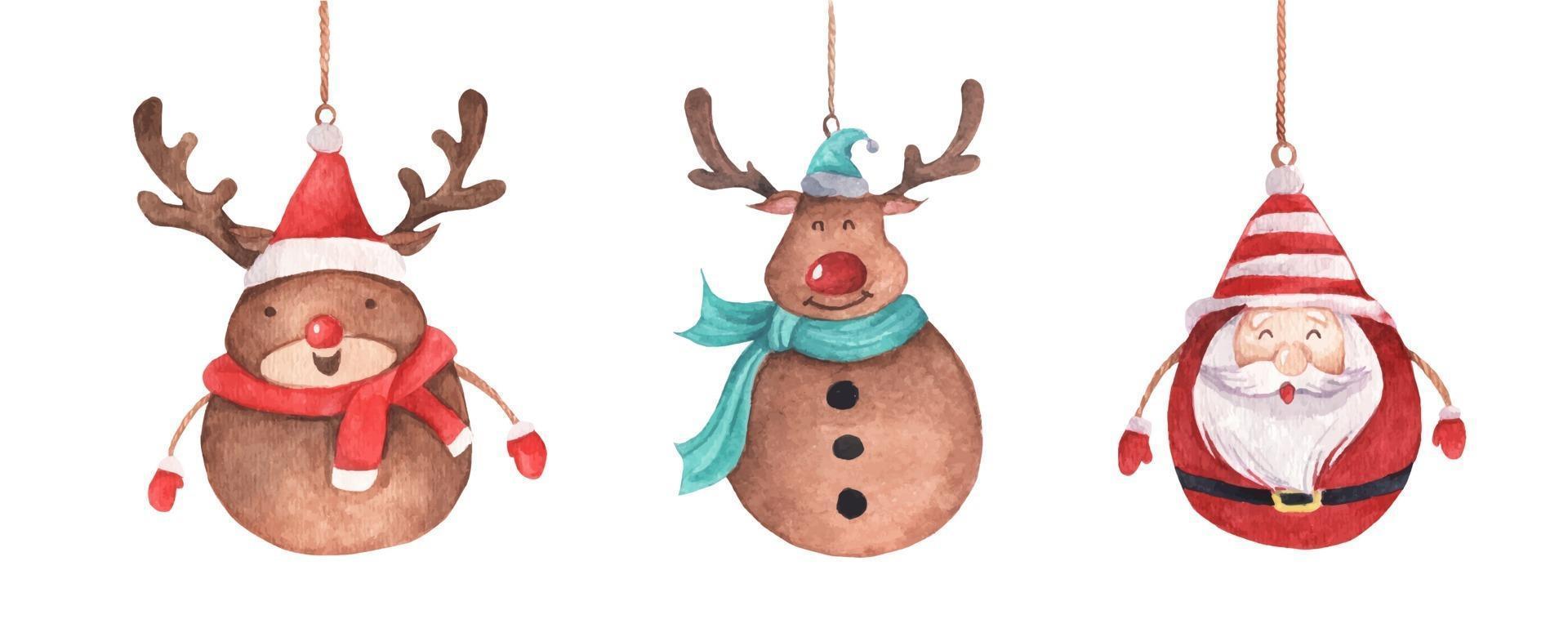 reindeer and Santa Claus hanging on string. Watercolor Christmas card. vector