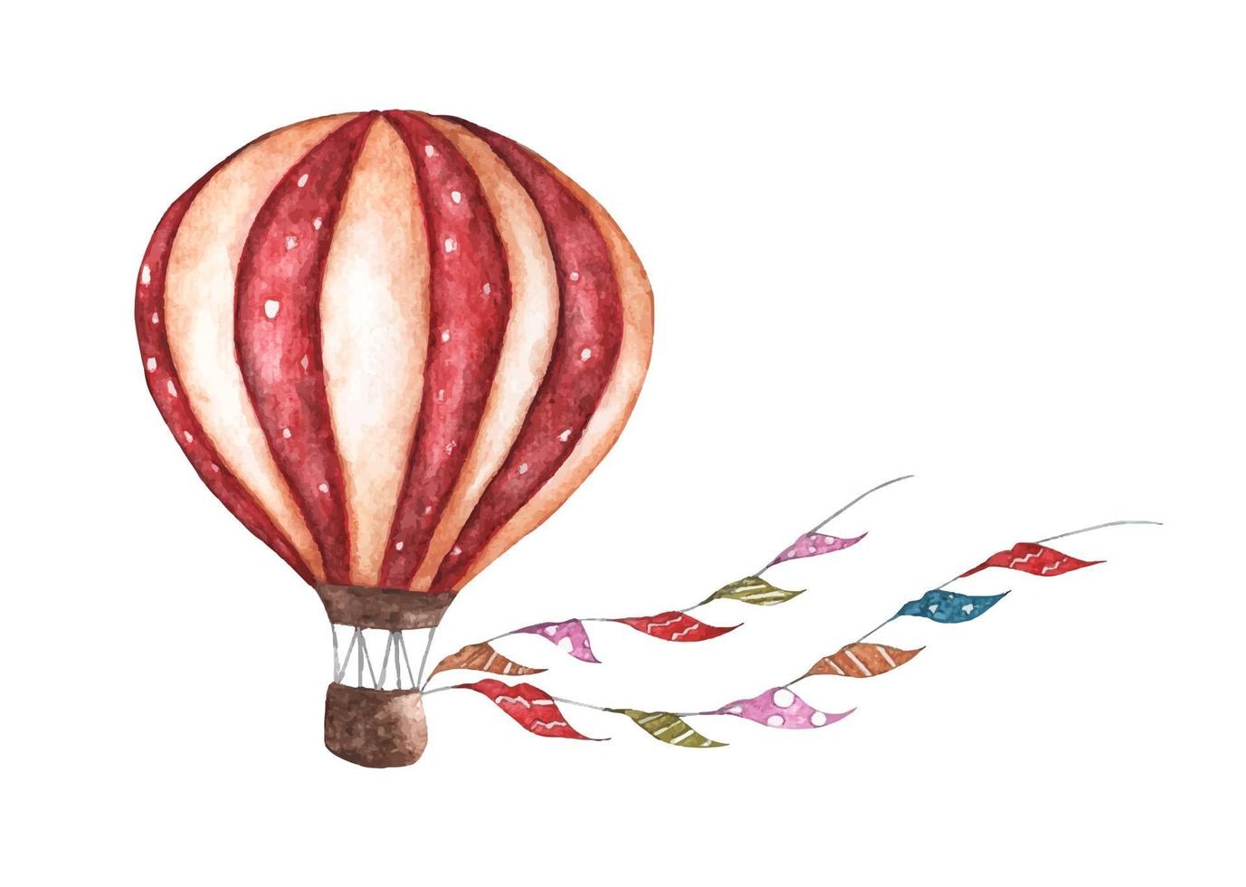 Vintage hot air balloon with flags garlands. Watercolor illustration. vector