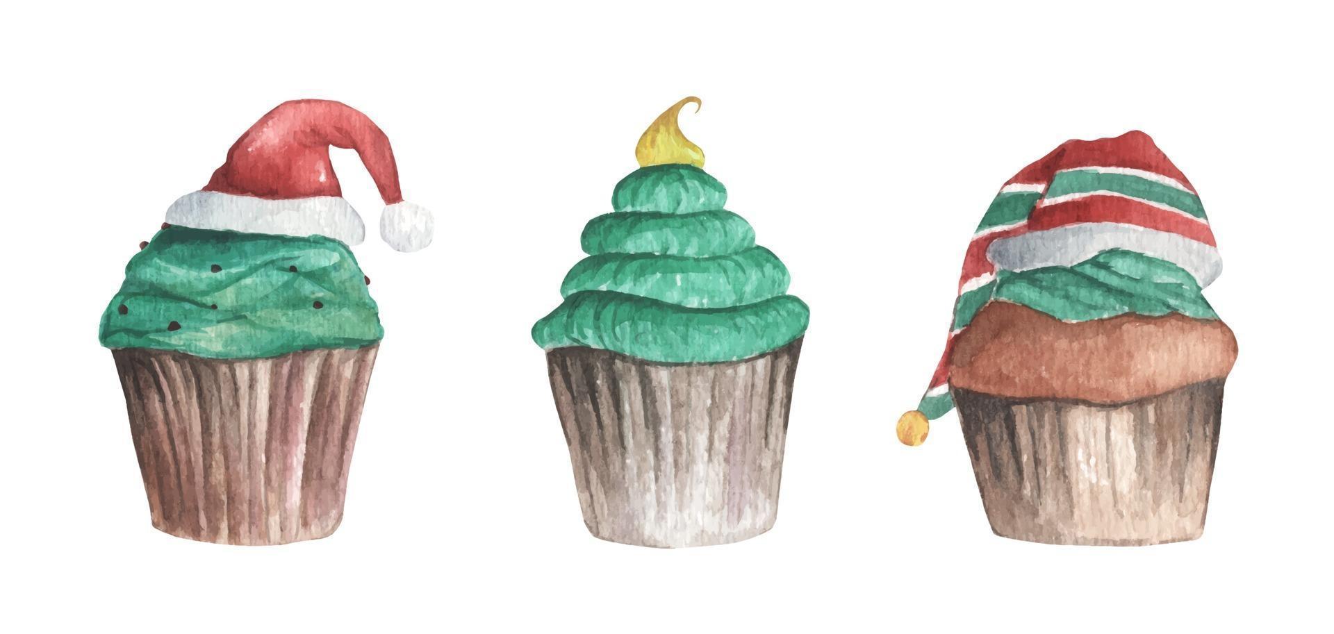 juego de cupcake de navidad. acuarela tarjeta de navidad. vector