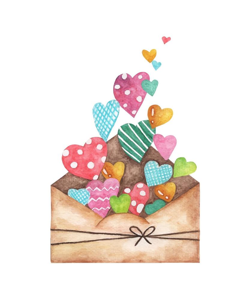 Opened envelope and many cute hearts. Watercolor illustration. vector