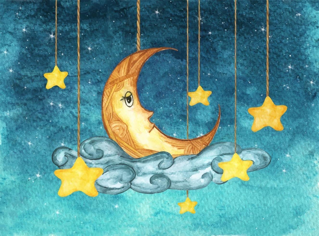 luna amarilla y estrellas colgando de cuerdas. Ilustración acuarela. vector