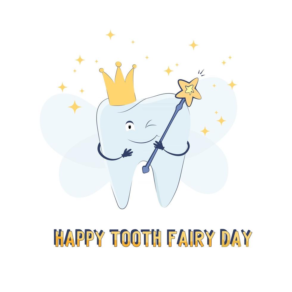 feliz día del hada de los dientes tarjeta de felicitación con lindo diente sonriente vector