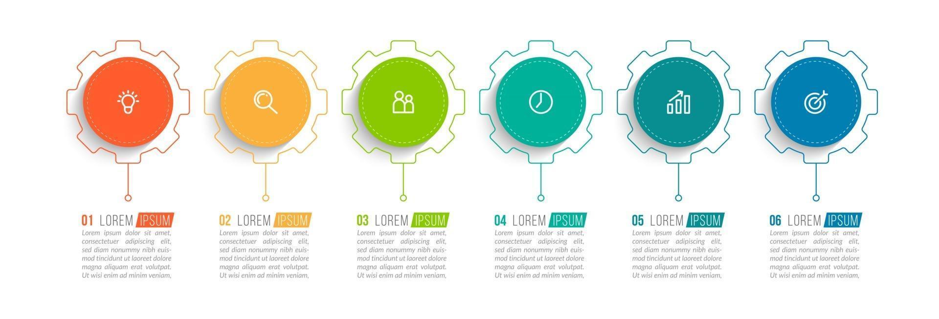 Infografía de línea de tiempo con seis pasos. vector