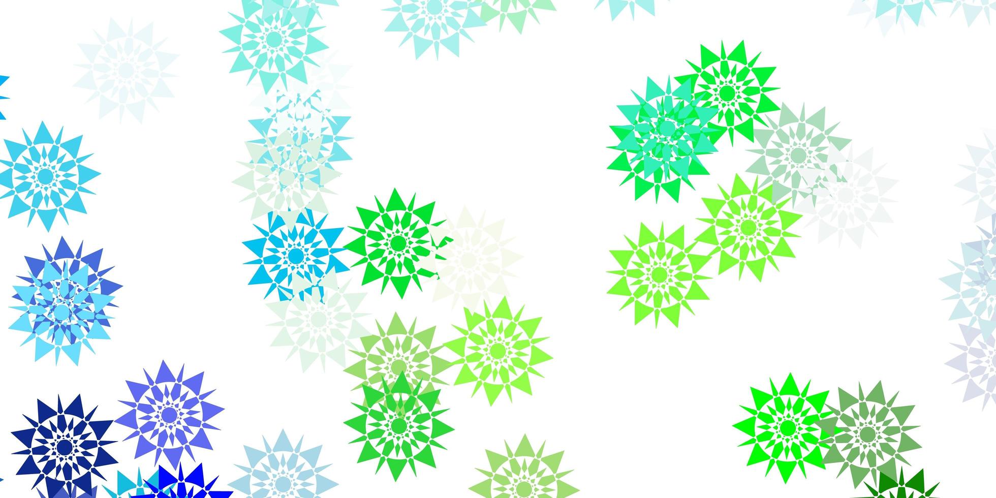 Fondo de vector azul claro, verde con copos de nieve de Navidad.