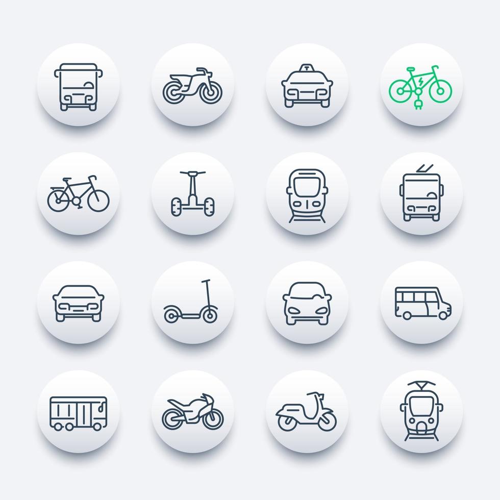 Conjunto de iconos de línea de transporte de la ciudad, autobús, taxi, tren, bicicletas y scooters vector
