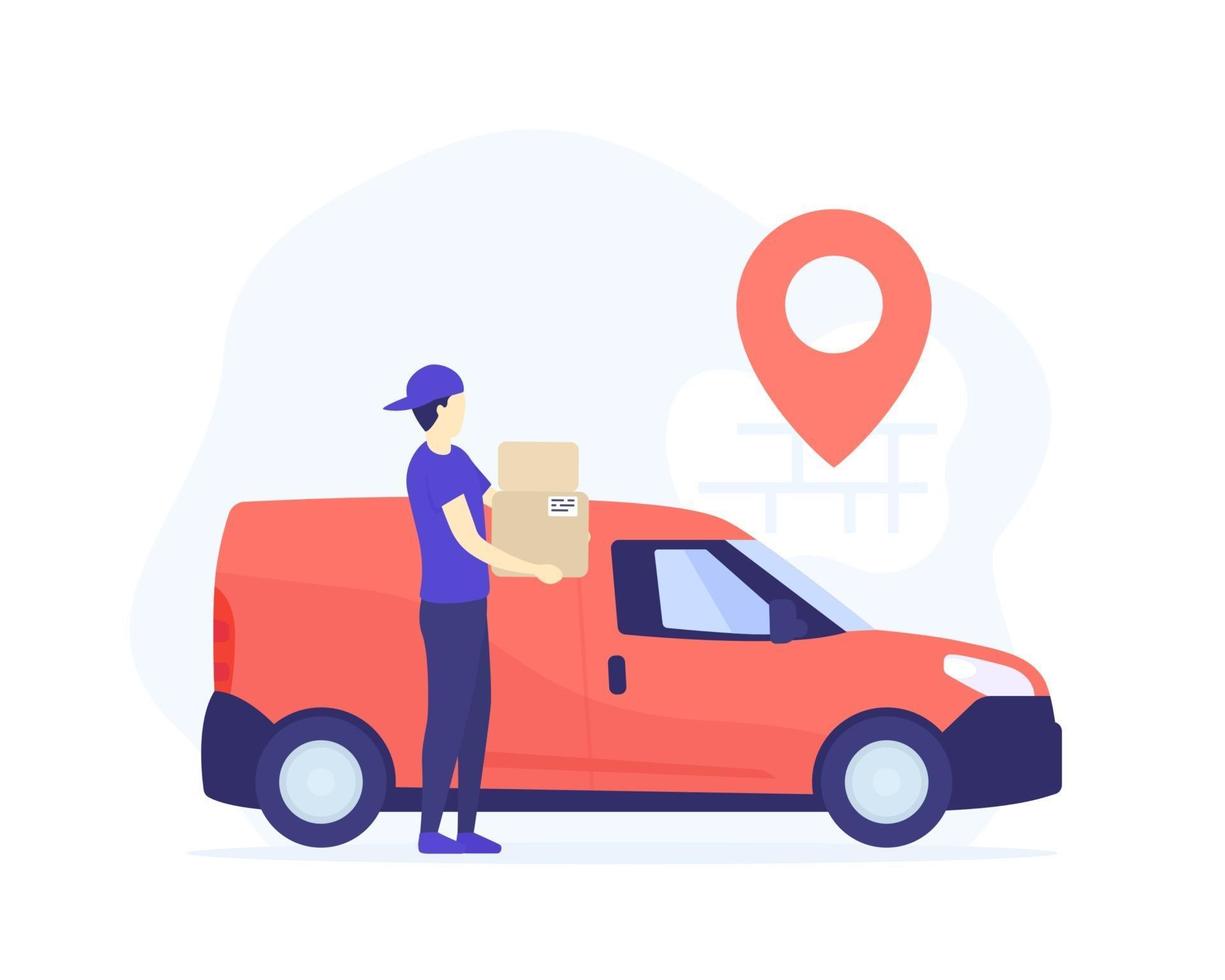 delivery boy holding boxes near mini van vector