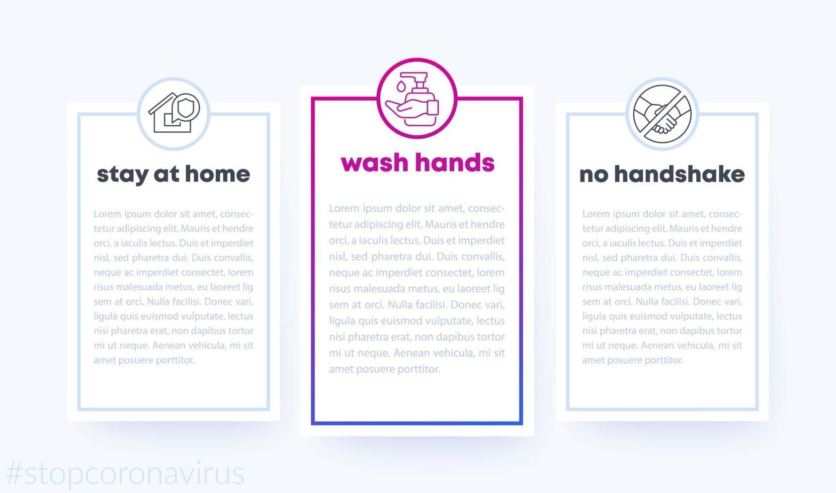 stop coronavirus banner with line icons, wash hands, stay at home vector