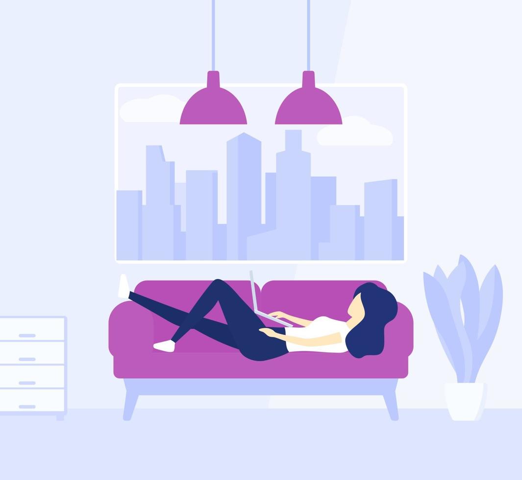 girl working at home, lying on the sofa, vector