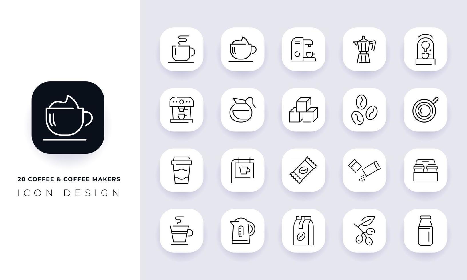 Line art incomplete coffee and coffee makers icon pack. vector