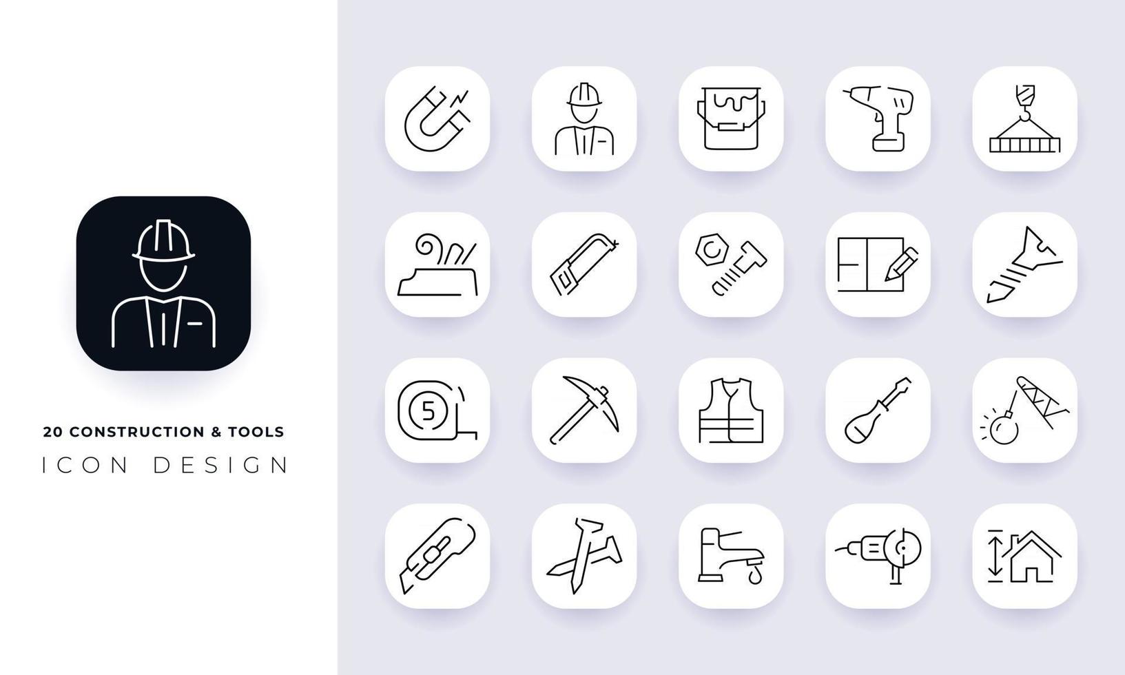 Line art incomplete construction and tools icon pack. vector