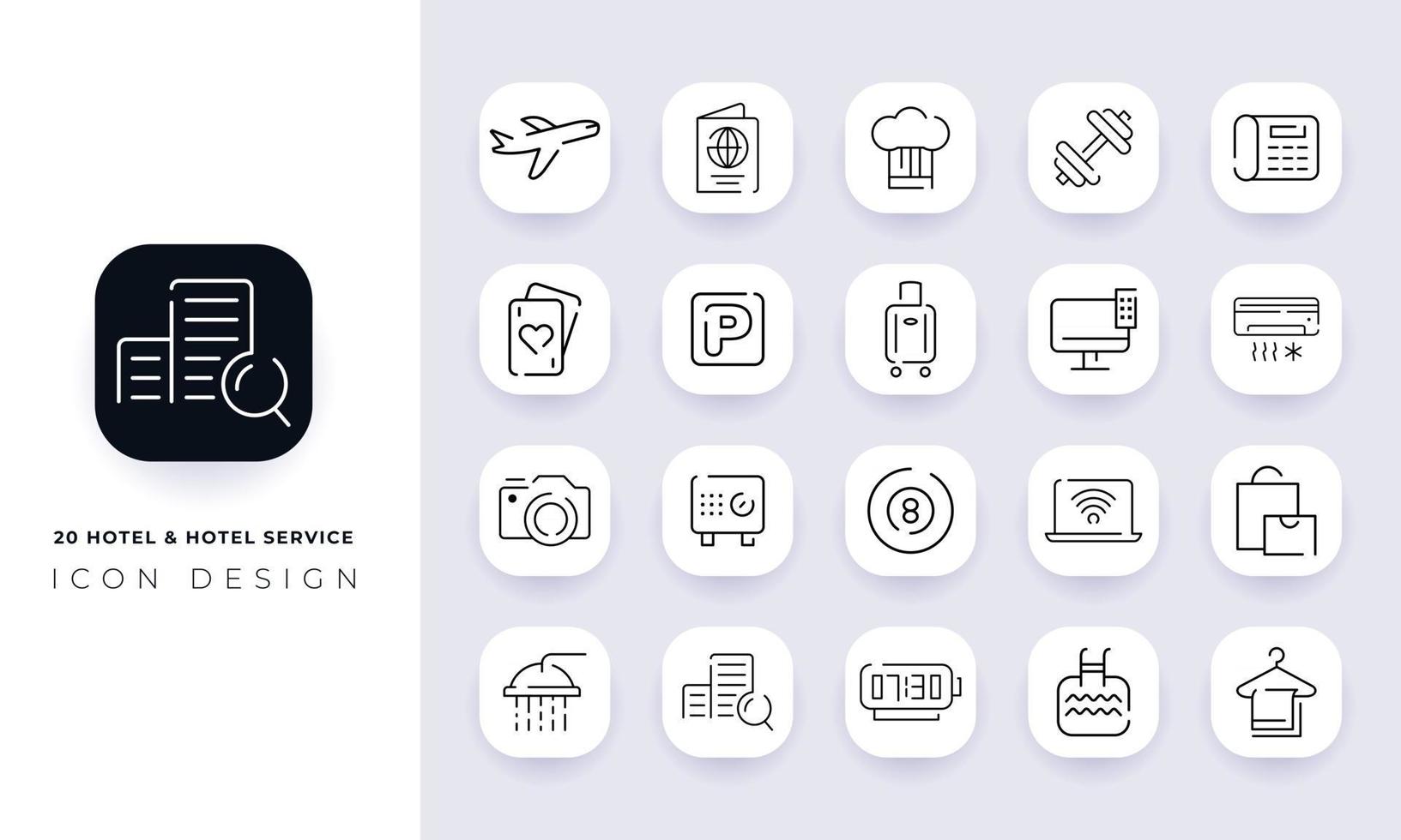 Line art incomplete hotel and hotel service icon pack. vector